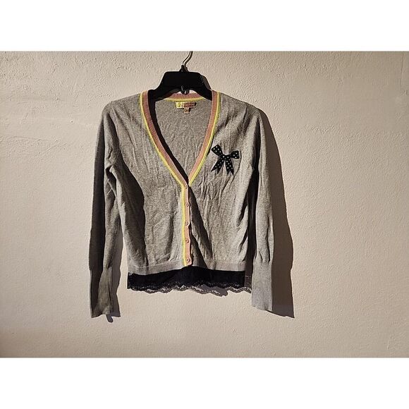 Princess Vera Wang Sweater womens Small Grey Cardigan Long Sleeve Lace Bow - Picture 1 of 6